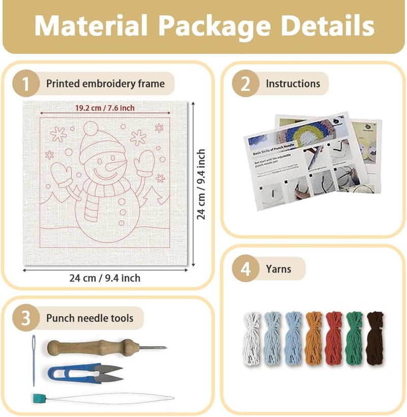 DOODLREAM Christmas Snowman DIY Punch Needle Embroidery Kit for Adult Beginner, 9.4" Snowman Punch Stitching Craft Set for Starter with Frame, Fabric Pattern, Threader, Yarn, Pinch Needle - Image 2